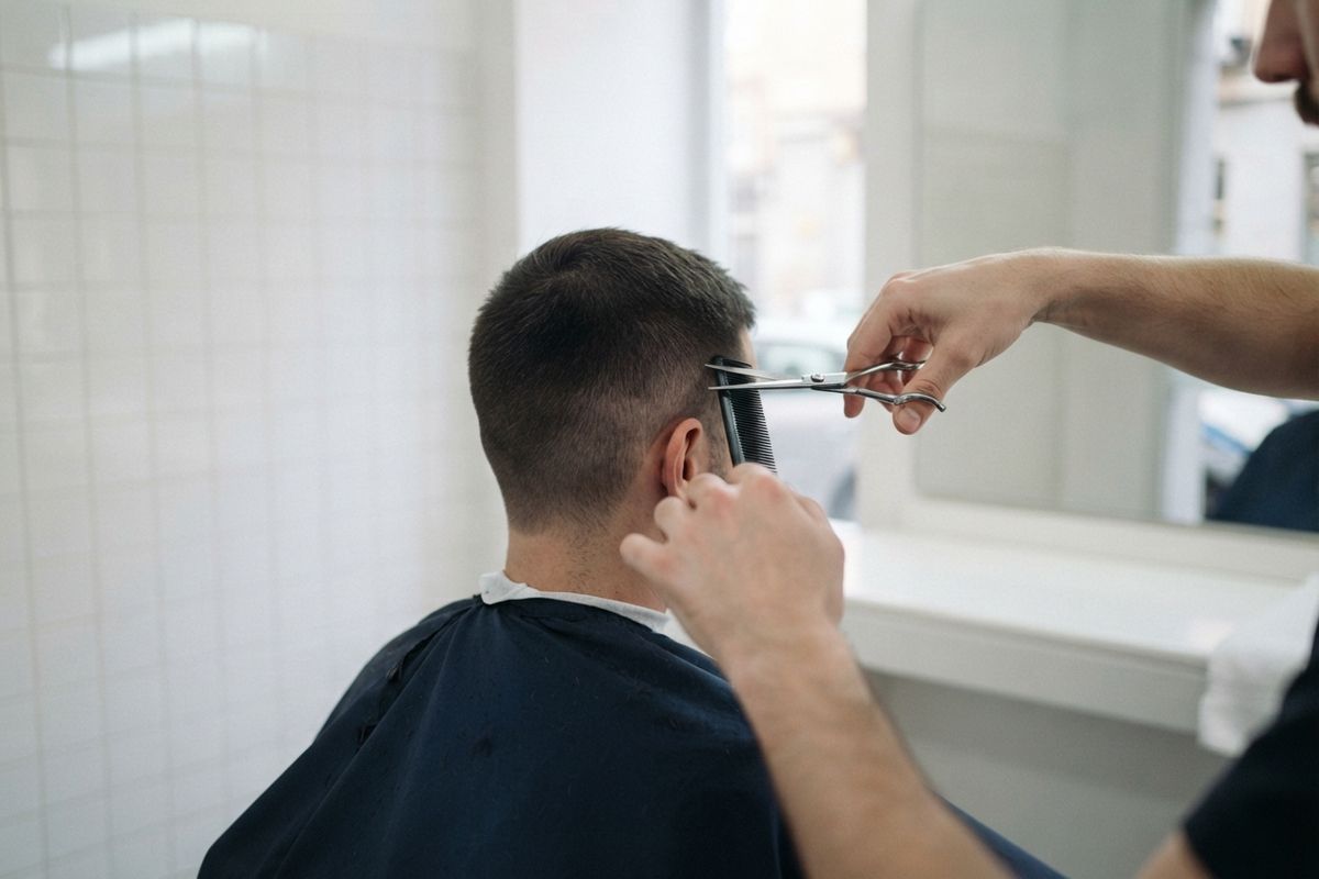 Manos de un peluquero cortando el pelo a tijera y peine a un cliente, visto de espaldas